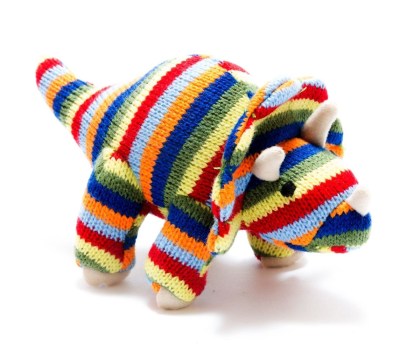 Knitted stripe triceratops dinosaur baby rattle